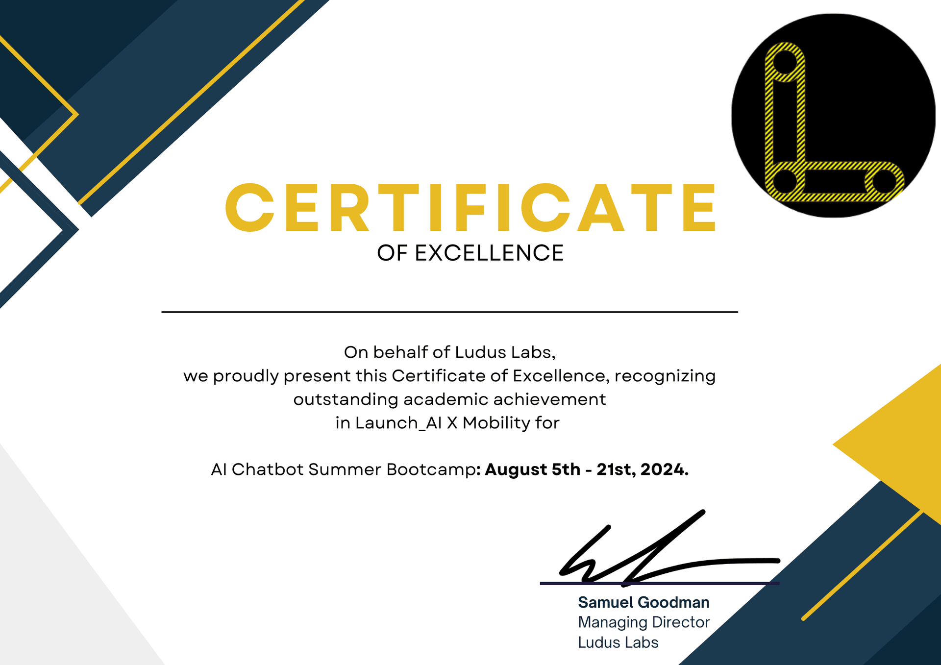 Ludus Labs Certificate of Excellence - AI Chatbot Summer Bootcamp