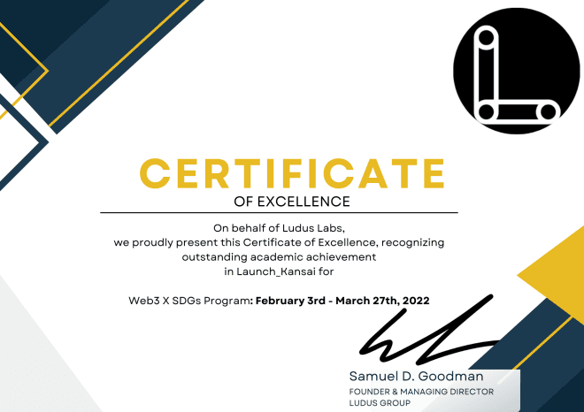 Ludus Labs Certificate of Excellence - Web3 X SDGs Program